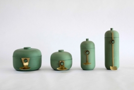 “小战士”带盖容器-不同的尺寸和颜色均具有金属涂层，每个都还配备了铜勺，筛板，叉
