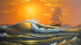 高清晰水墨油画海浪帆船壁纸