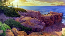 金色的夕阳大海岩石壁纸