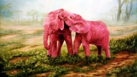 两只在玩耍的粉红色大象