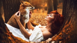 躺在树上抱小狐狸的美女