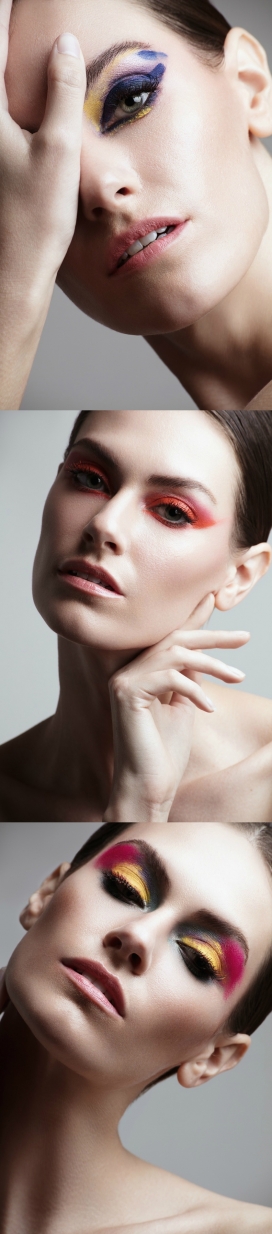Kate Herman展示了引人注目的妆容-戏剧性的眼影颜色，大胆的口红颜色从淡粉色到红色，包括黄色、粉红色和蓝色