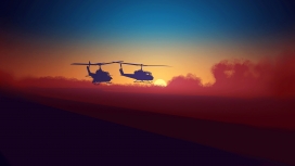 日落下的两架直升飞机