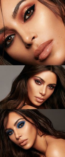 Kim Kardashian在KKW美容运动中闪耀，以眼影和唇彩为特色，充满活力的色调，从黄褐色的中性色到电蓝色