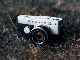 枯草堆中的奥林巴斯数码相机
