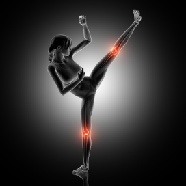 腿脚踢腿疼痛动作的女性人体机构图