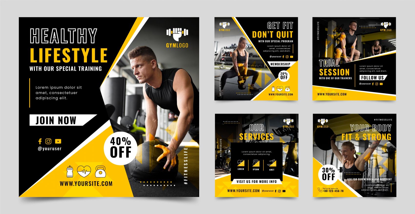 黄黑搭配健身房运动海报卡片素材下载图片
