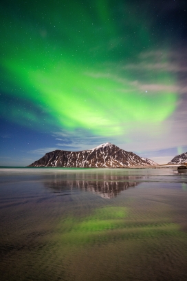 绿色北极光下的湖泊山