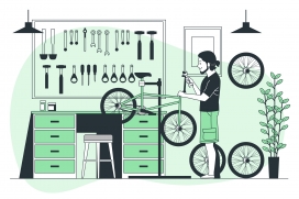绿色卡通自行车维修店铺工程素材下载