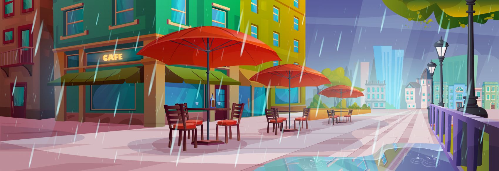 卡通夏季下雨中的户外咖啡馆图片