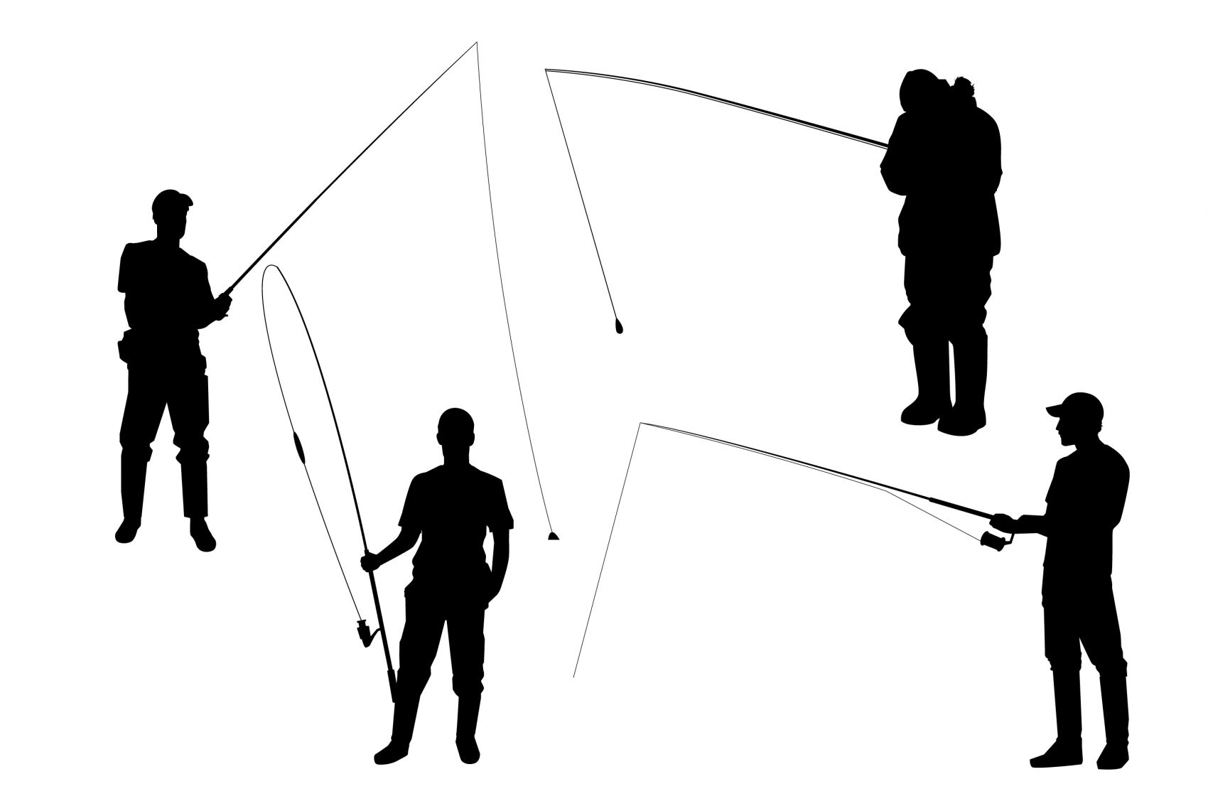 四位垂钓场景钓鱼黑白剪影素材图片