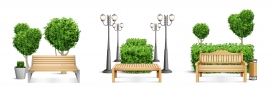 公园长椅长凳旁边的绿色盆栽盆景
