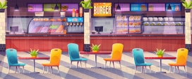 卡通摆满彩色椅子凳子的汉堡包快餐店场景素材下载