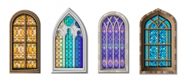 四个独立的教堂寺庙彩色马赛克窗户玻璃