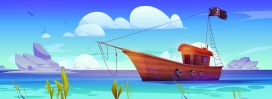 卡通蓝色木质海盗船素材