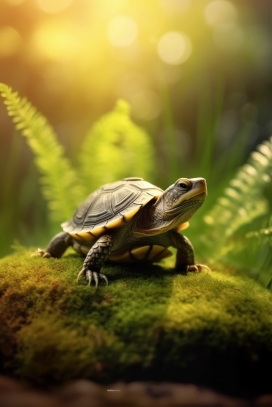 趴在绿色苔藓观望的乌龟