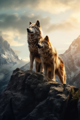 山峰上的两只狼