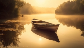 夕阳下停靠在湖面的木船