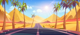 卡通棕榈树沙漠之路透视图