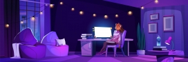 坐在家里办公室电脑休息的卡通职场女性