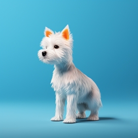 蓝色背景前的西高地白梗宠物狗雕塑图