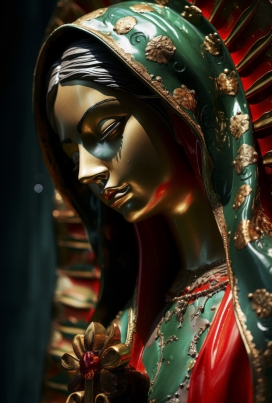 头戴绿色纱巾的铜雕女性