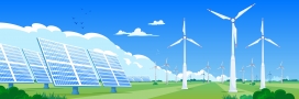 蓝天白云绿色草坪上太阳能发电厂风车素材