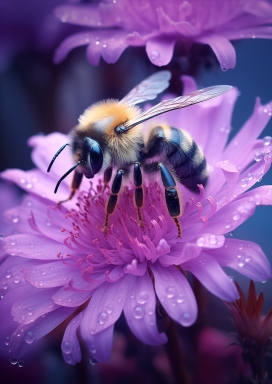 雨露花瓣中采蜜的蜜蜂