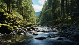 夏季森林河流风景图