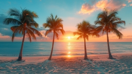 海边日落下的四颗椰树