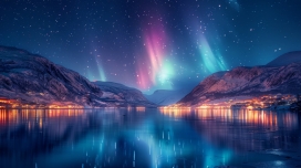 蓝紫色极光下的雪山湖灯光夜景