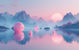 日落下粉红色气球装饰的唯美山湖