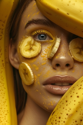 脸部用切片香蕉做面膜的国外女子