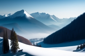 唯美的冬季雪山脚下风景图