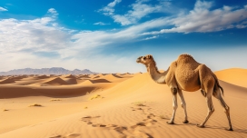 蓝天金色沙漠下的骆驼