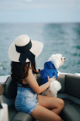 带狗狗戴帽子坐船看海的美女图