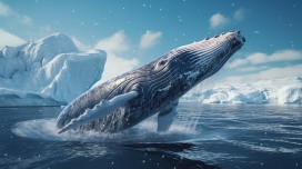 冰川冰岛中跳跃的蓝鲸