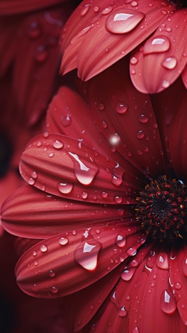 沾满雨滴的红色非洲菊花