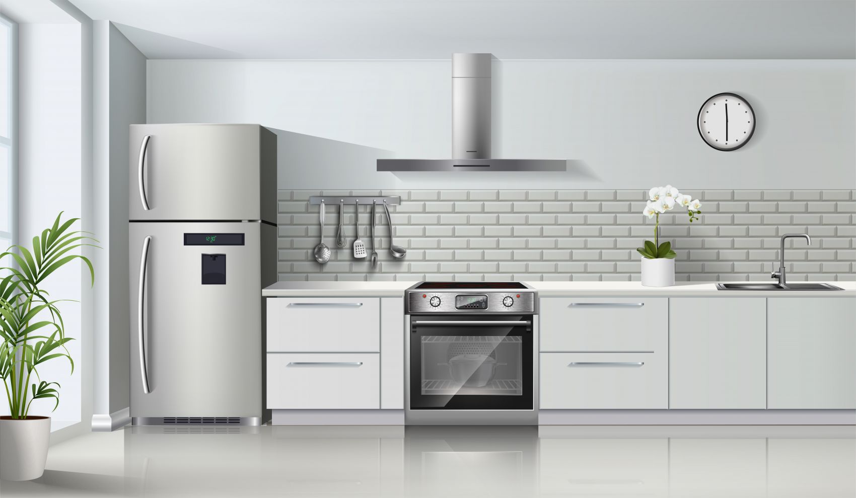 配有燃气灶、烤箱、橱柜和冰箱架子的现代厨房内部场景素材图片