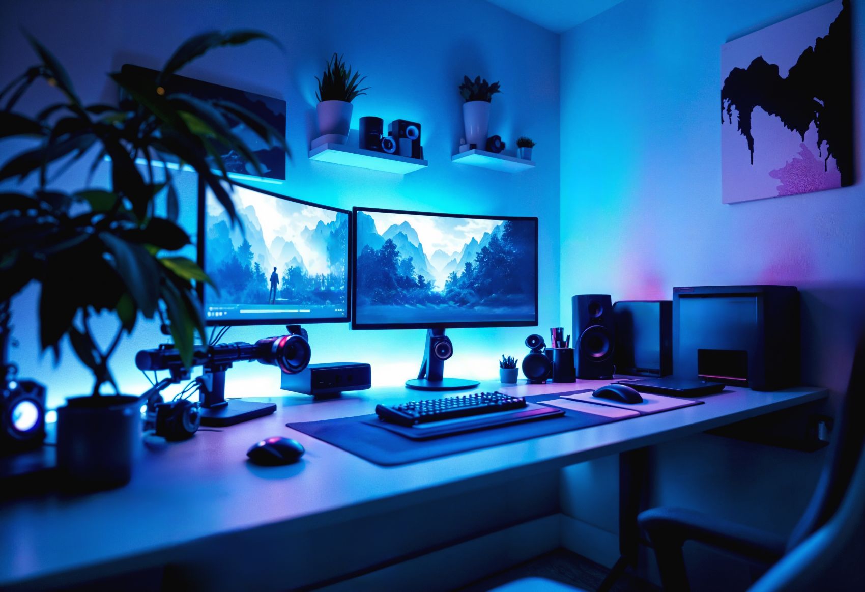 现代蓝色电脑办公桌电竞房图片