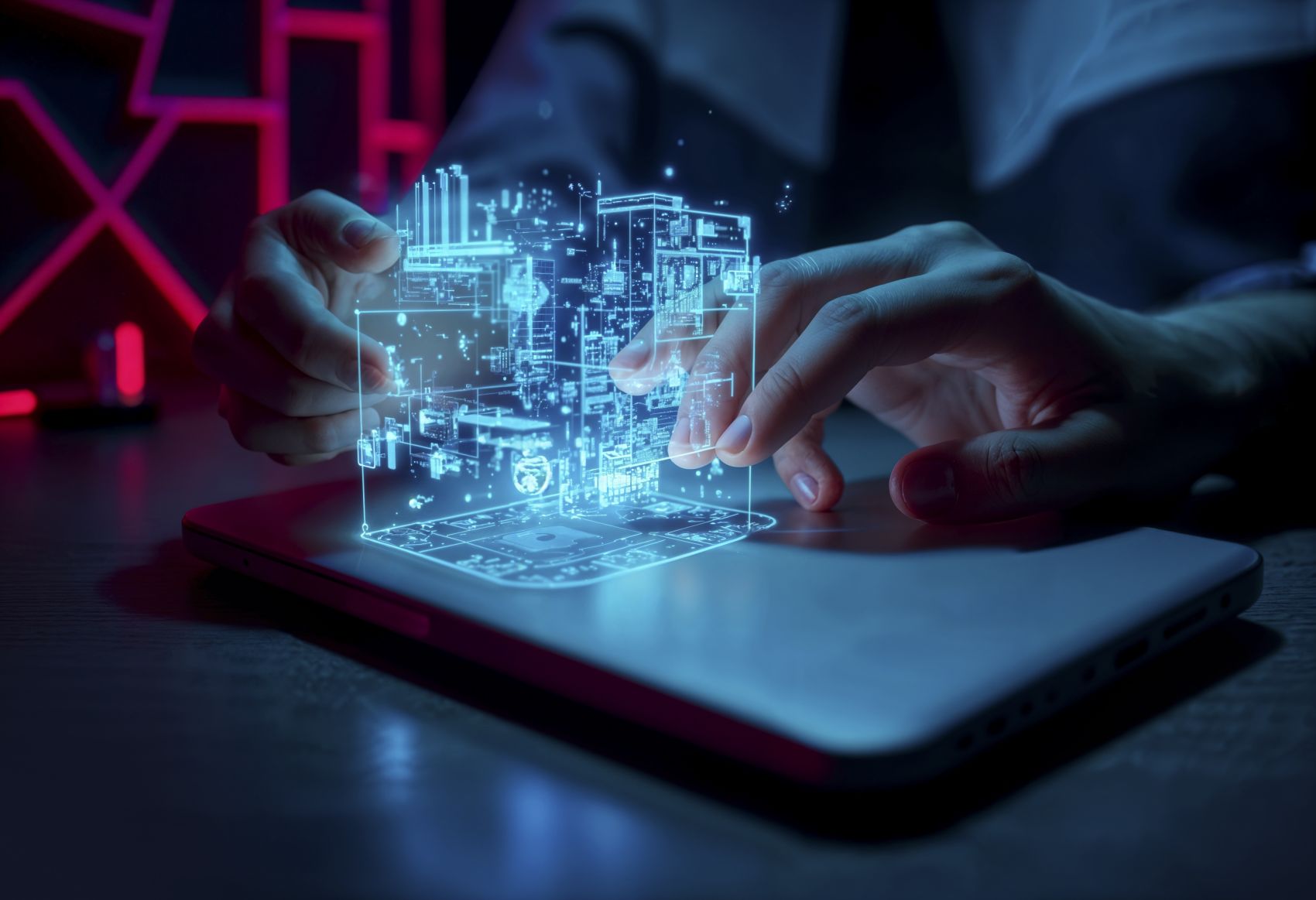 触碰蓝色立体数字三维模型的手图片