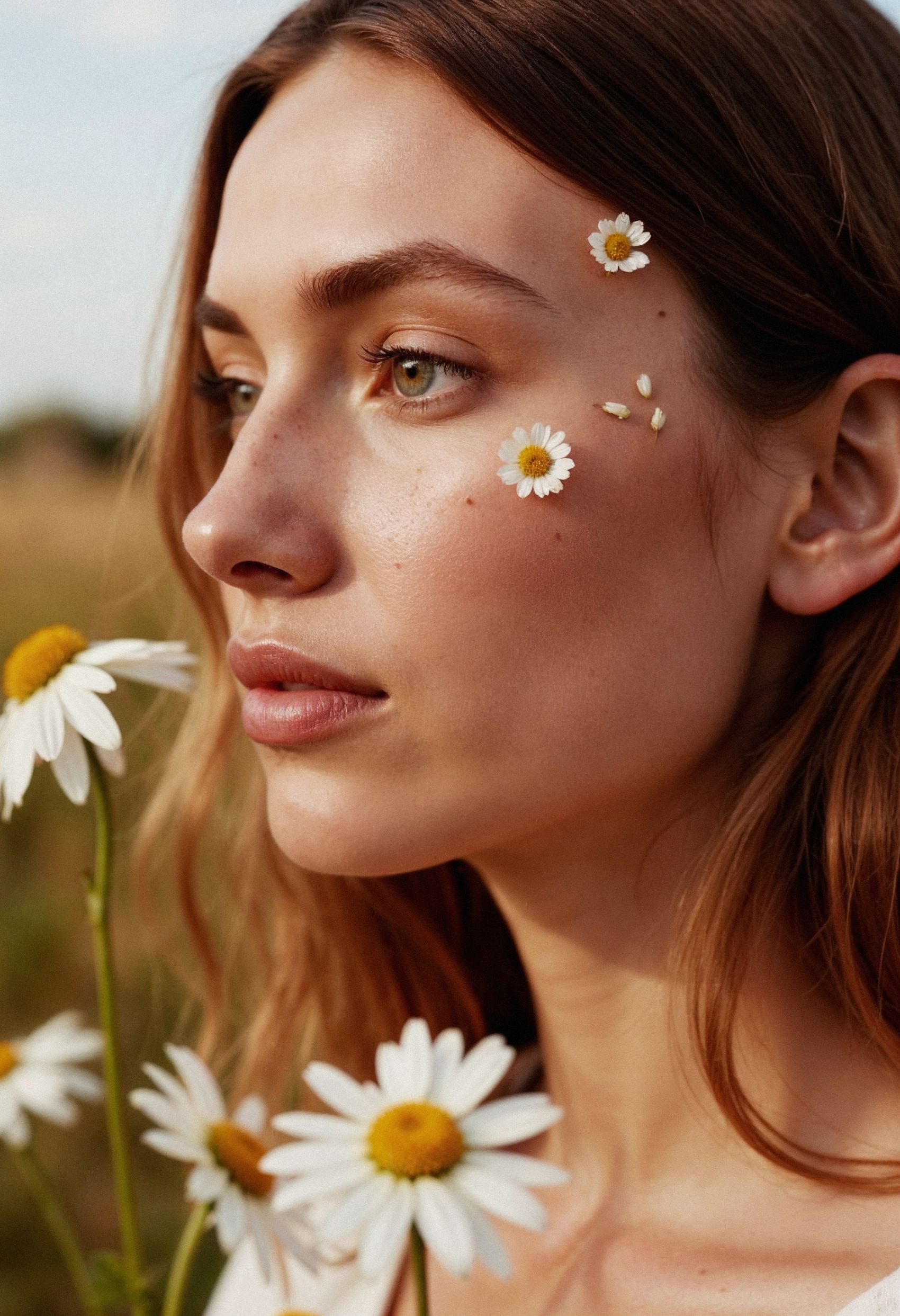 脸部贴白色雏菊的俄罗斯女郎图片