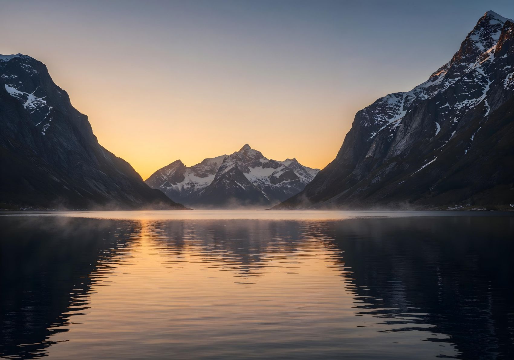 山水间的落日湖景图片