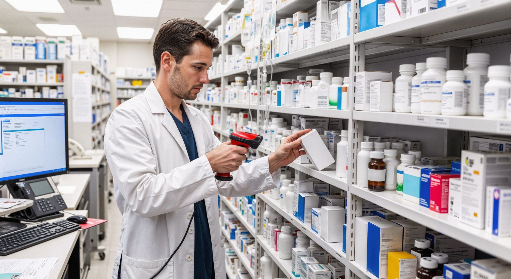 药房内工作人员扫描药品场景图片