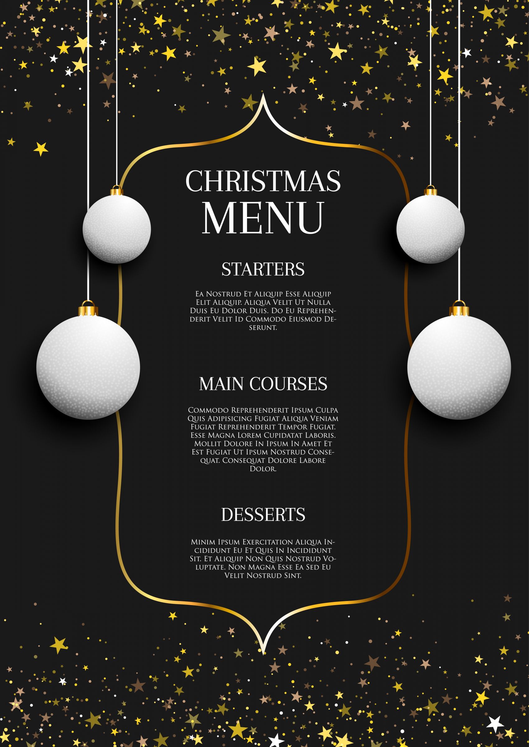 黑金圣诞菜单设计:星芒装饰与白球挂饰的节日奢华餐单视觉图片