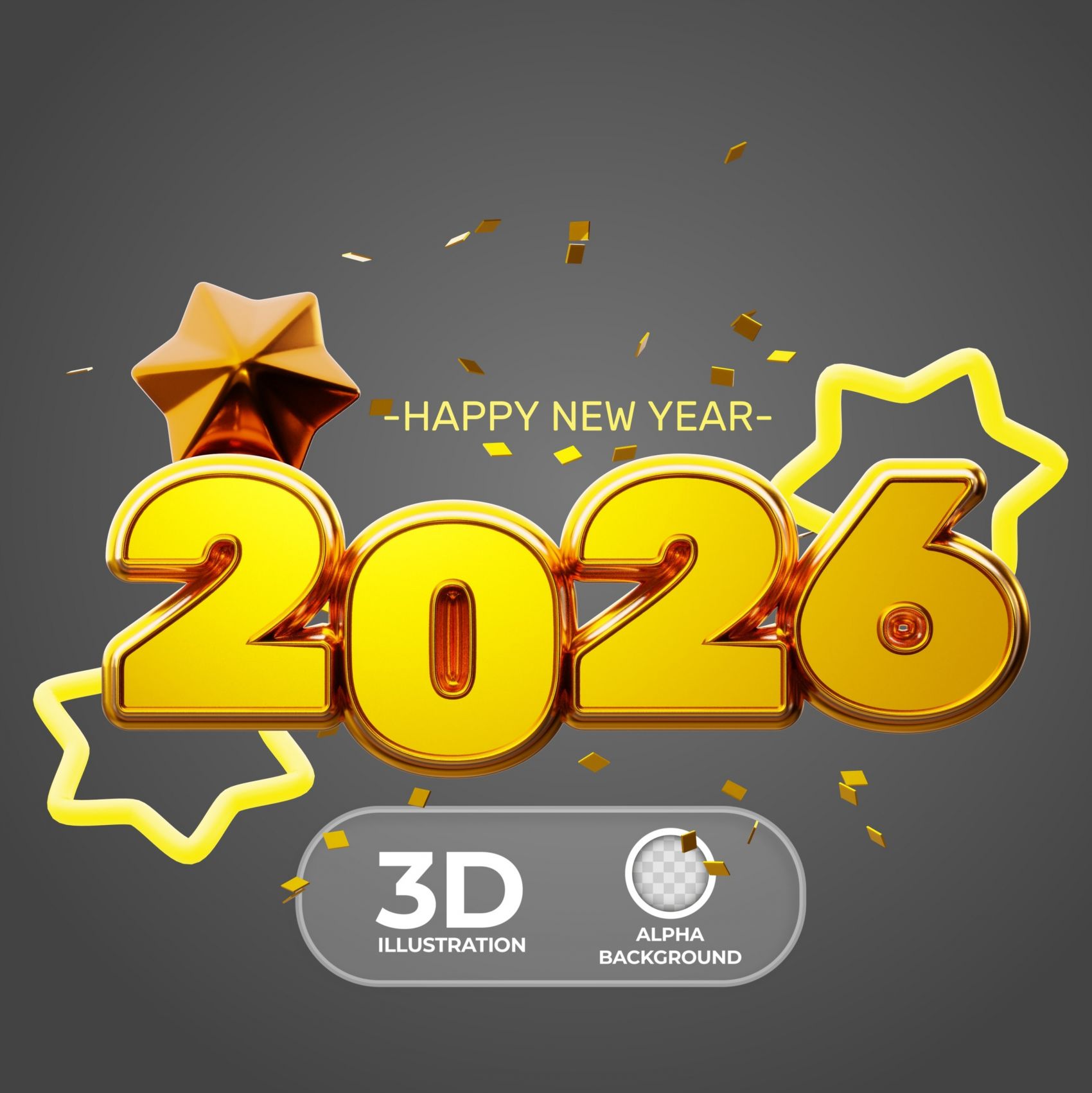 2026 鎏金 3D 新年主题插画-星光元素与立体字体的节日视觉设计图片