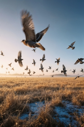 晨光下草原群鸟飞翔图