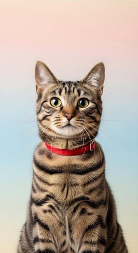 戴红项圈的虎斑猫特写