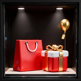 红金轻奢橱窗展示：暗调展柜中的购物元素节庆装饰场景