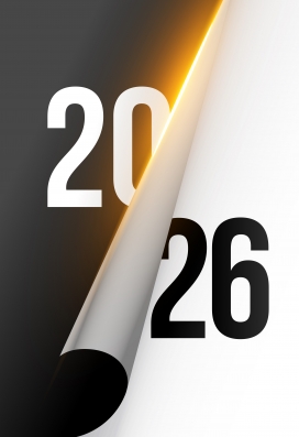 2026 撕页式视觉海报：黑白天际线与暖光交织的新年创意设计